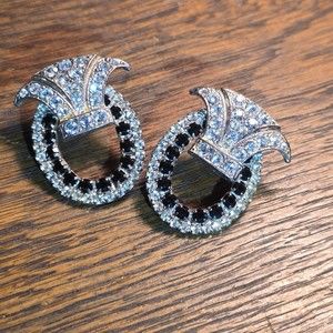 Vintage Art Deco Crystal & jet, loop earring pair - Vintage midcentury jewelry